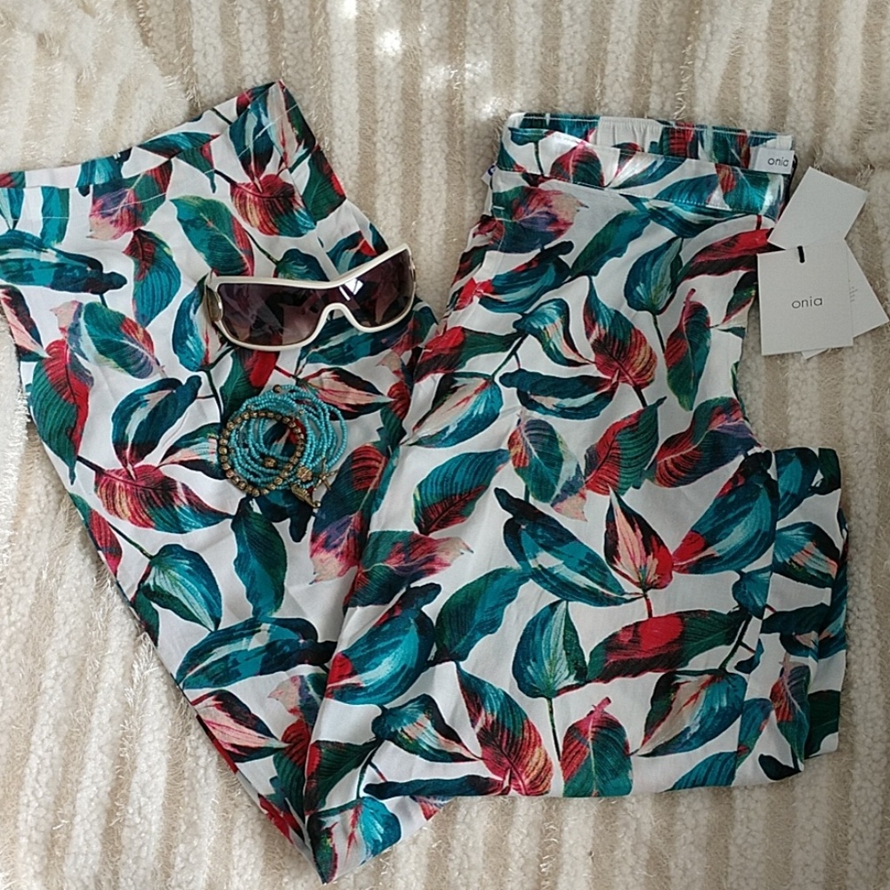 Onia Swim Pants Beach Fitted Casual Mila Bay Laurel Leaf Watercolor Slip Pockets